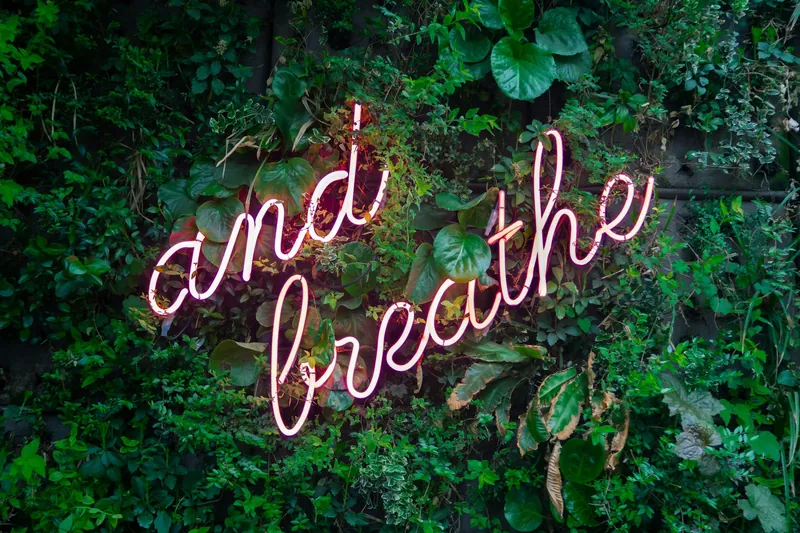 Neon sign reading 'and breathe' surrounded by green foliage.